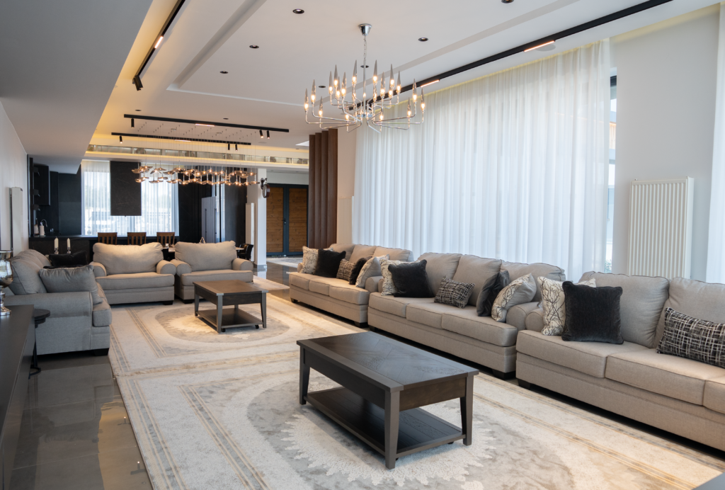 Spacious and elegant living room with modern furniture and decor.